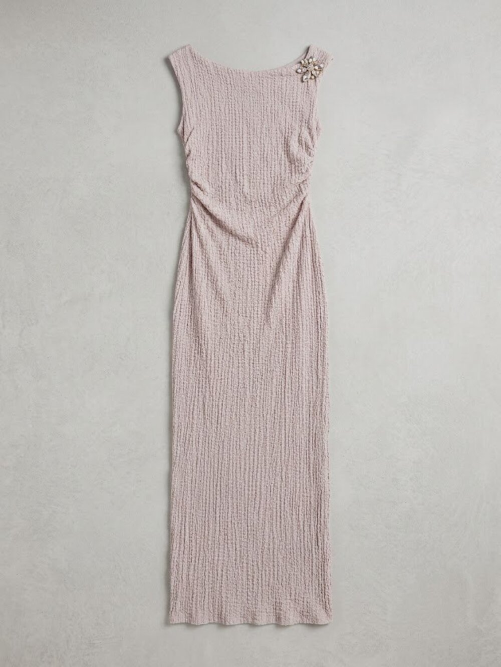 See You Monday Popcorn Textured Maxi Dress Beige Gold Brooch Ruched Women L NWOT